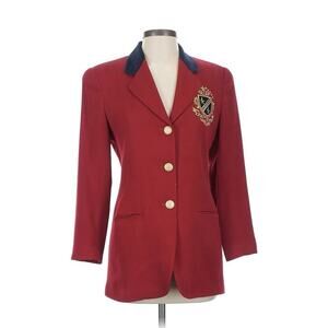 Vintage 90s Jones NY Blazer Red Navy Blue Gold Wool Velvet Crested Nautical 4P